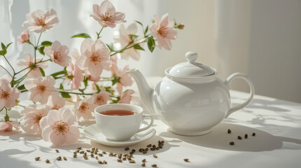 Fototapeta premium Soft porcelain teapot and teacup with pink cherry blossoms and loose tea leaves in soft light