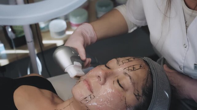 Practitioner Delivering Targeted Ultrasound Therapy Across Client's Face During Aesthetic Procedure