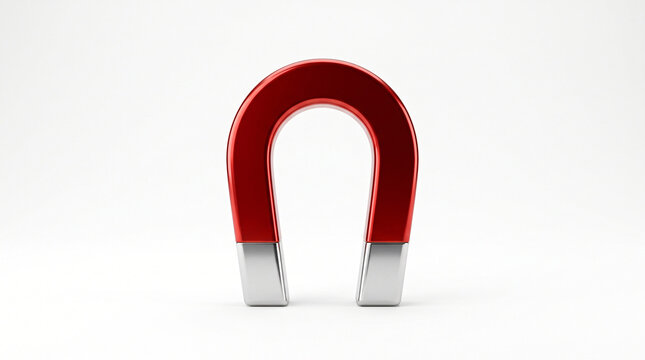 Red horseshoe magnet isolated on white background symbol of attraction physics force customer attraction and magnetic field 3d rendering