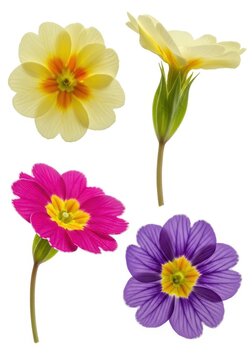 Set of Colorful Primrose Flowers Isolated on White Background - Yellow, Pink, and Purple Spring Floral Collection