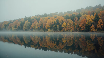 Misty autumn forest reflected in calm lake with colorful foliage and serene mood © siraphol