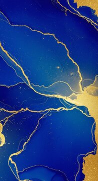 Abstract blue and gold luxury background. Fluid art texture with swirling liquid paint and metallic glitter. Stylish backdrop for business presentation and modern interior graphic design.