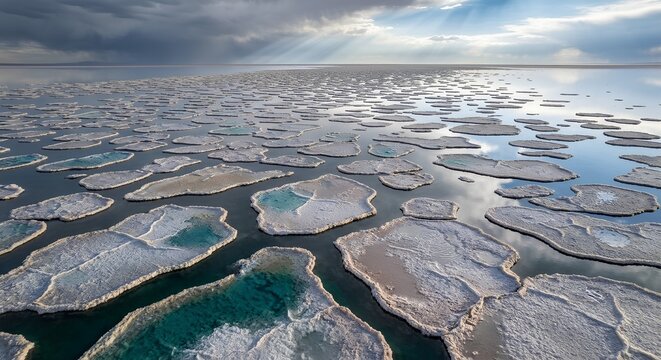 Floating Salt Plates Beneath Clearing Storm Sky with Water Reflection