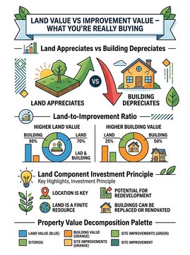 Real estate infographic explaining land appreciation and house value