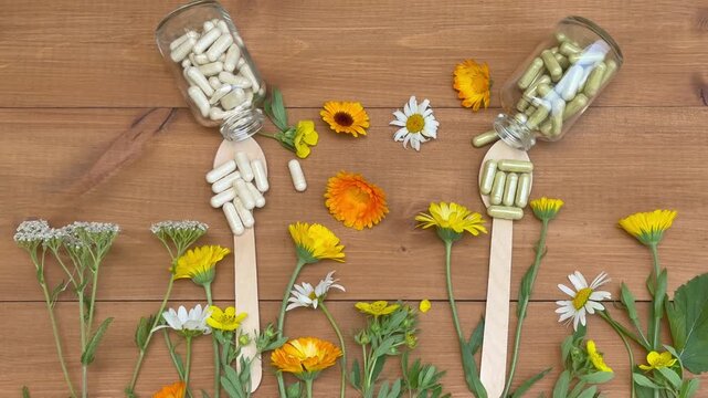 Video of two glass bottles containing herbal supplement capsules. Next to them are two wood spoons and fresh medicinal herbs and flowers: calendula, chamomile, and Kuril tea on wooden table. Top view