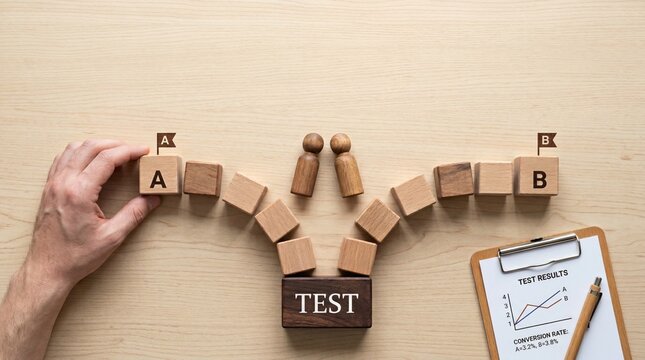 A B testing concept with wooden blocks and figures on desk showing conversion rate results