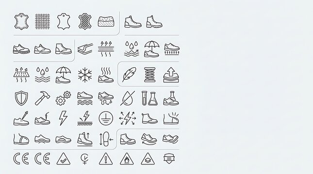 Safety footwear and material technical line icons collection