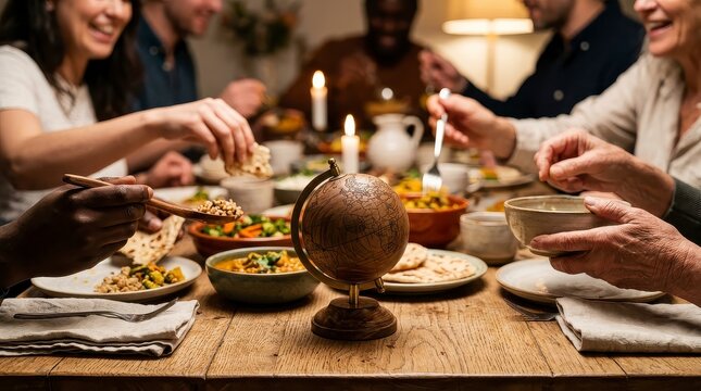 Diverse group of friends having dinner together at a wooden table with a small globe centerpiece during a global gathering.