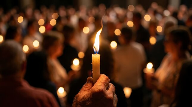 Human hand holding single lit candle with blurred crowd gathering during vigil or prayer service.