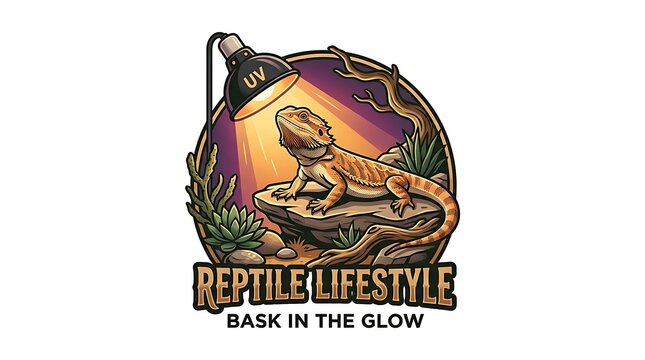 Bearded dragon lizard basking under uv lamp reptile care graphic