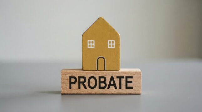 Wooden house model on block with probate legal text for estate planning concept with evoking themes estate management legal processes minimalist