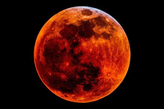 Red supermoon blood moon phase isolated on black background detailed crater surface telephoto photography for astronomy education