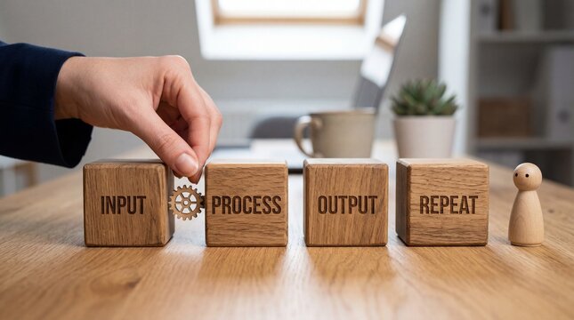 Business process cycle concept with wooden blocks labeled input process output repeat on office desk