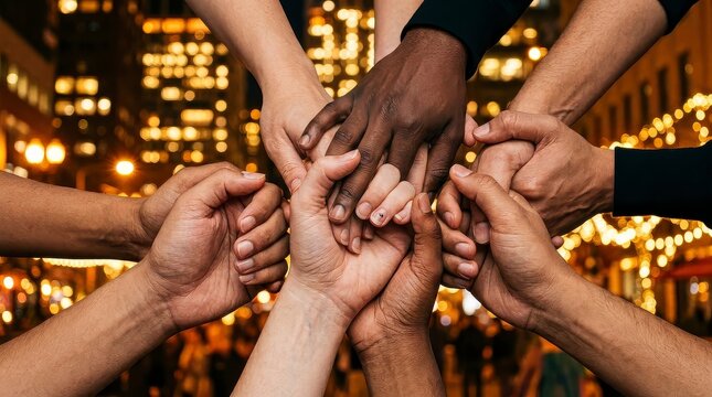 Diverse group of hands joining together in unity on city lights background symbolizing togetherness and cooperation.