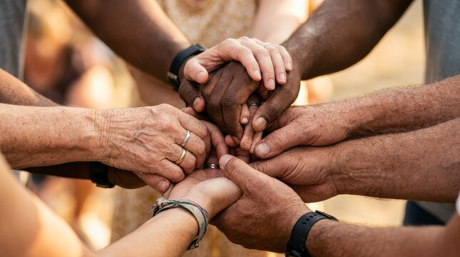 Close-up of diverse hands holding each other in a circle representing unity and strength.