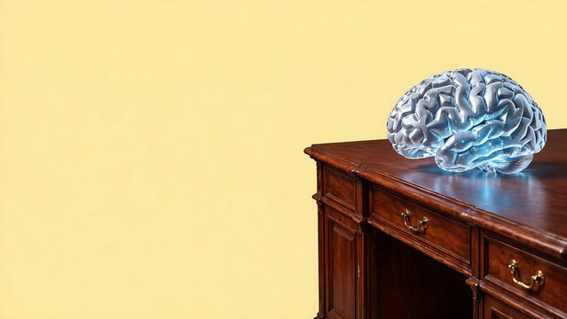 Transparent glass human brain sculpture on a classic wooden desk symbolizing intelligence and mental clarity on a yellow background