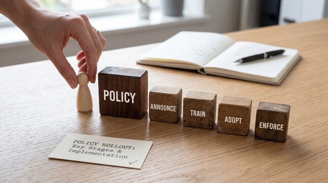 Policy rollout implementation concept with wooden blocks and figurine on desk
