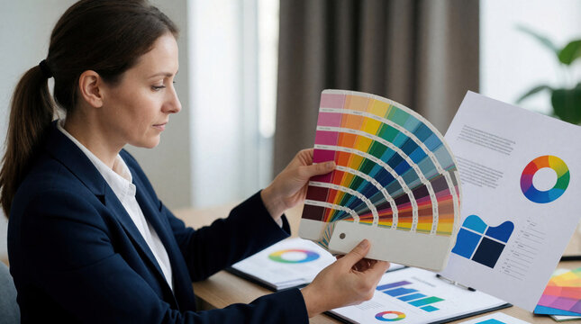 Graphic designer works with color palette and charts for corporate identity project. Professional analyzes brand colors for business strategy and visual planning. Expert makes important choice.