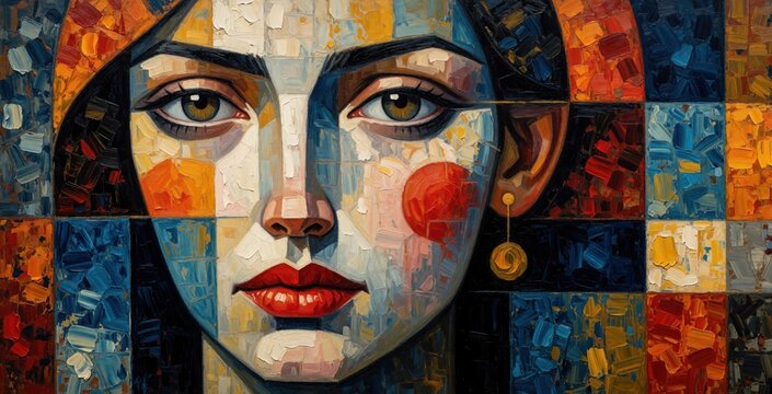 Abstract oil painting shows woman face in cubism style. Bright geometric squares create mosaic pattern background with vibrant colors. Artistic portrait features modern female figure with textured