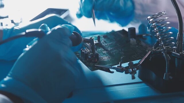 Closeup of a gloved hand installing a microchip on a blue motherboard. Perfect for concepts of AI development, hardware engineering, and IT infrastructure assembly in a digital world.