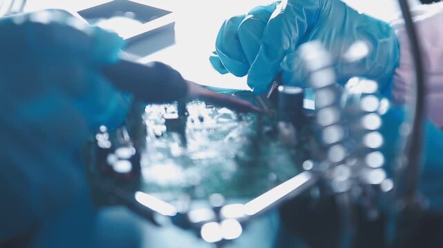 Closeup of a gloved hand installing a microchip on a blue motherboard. Perfect for concepts of AI development, hardware engineering, and IT infrastructure assembly in a digital world.