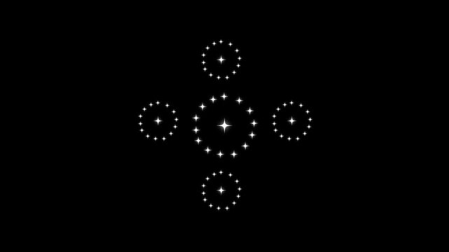 White cartoon twinkle star glitter sparkle looping animation, flat vector with alpha channel on black background, seamless animated twinkling stars effect for video overlays in 4k