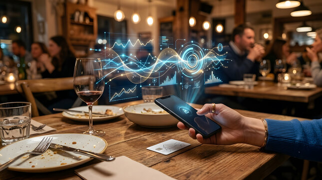 Person using a smartphone in a restaurant with futuristic digital data overlays.