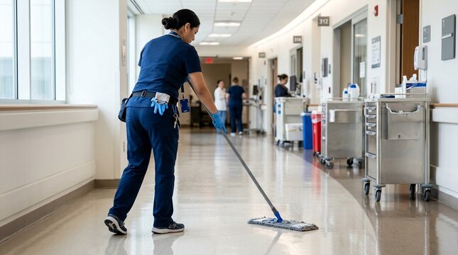 Dedicated medical cleaner mops hospital hallway floor, ensuring pristine conditions