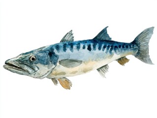 Obraz premium Watercolor Painting Of A Striped Barracuda Fish Isolated On A Clean White Background