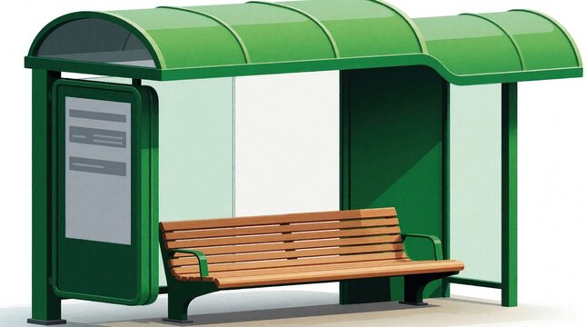 Modern green bus stop shelter with wooden bench, curved roof. Urban transit station features clean design, functional architecture for city commuters. Public transportation waiting area with signage