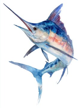 Watercolor Illustration Of A Blue Marlin Fish Swimming Isolated On A Plain White Background