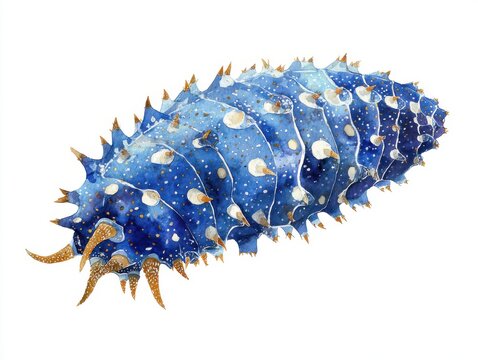 Watercolor Illustration Of A Blue Spiky Slug Caterpillar Isolated On A Plain White Background
