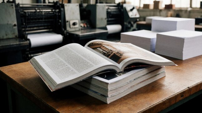 Open magazine lies on stack of publications near printing press machine. Paper stacks rest on wooden table in workshop. Industrial print production setup for media.