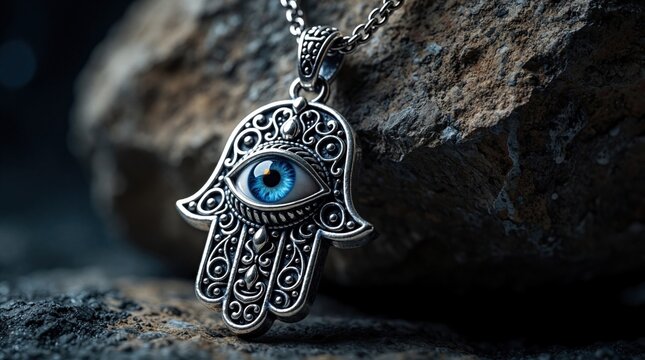 Silver hamsa hand pendant with blue evil eye charm hangs on chain. Ornate metal jewelry rests on dark textured rock. Mystical amulet symbol for protection, good luck provides spiritual vibe, cultural