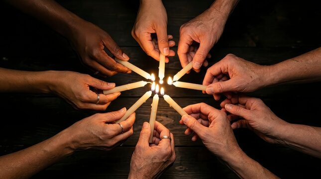 Diverse group of hands holding burning candles together in circle.