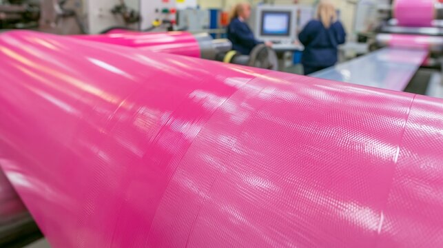 Flexographic anilox roller transferring ink onto label film in sharp focus and blurred press operators behind. Concept of label printing.