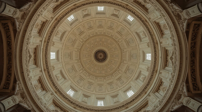 Ornate domed ceiling radial symmetry with warm beige tones and soft light