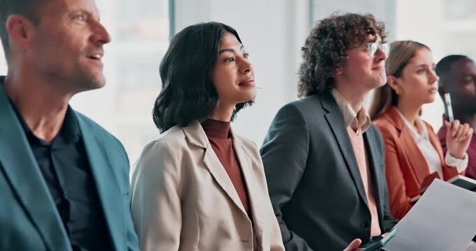 Business, woman and tablet in waiting room for interview, application and resume for hiring. People, candidates and listening in office with digital, online cv and recruitment process for onboarding