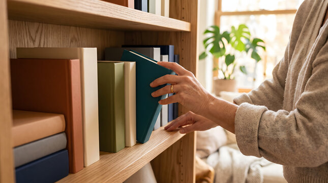 Person reaching for a book on a wooden bookshelf in a cozy home setting.