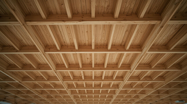 Wooden ceiling grid, timber beam pattern, symmetrical coffered ceiling, minimalist wooden