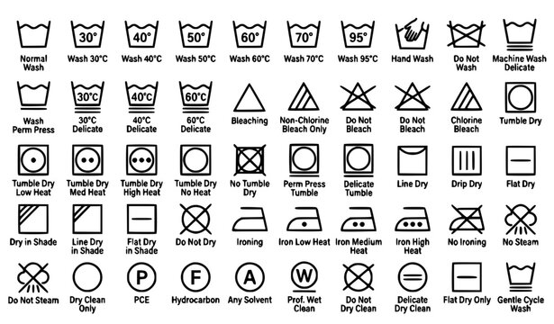 Complete Laundry Care Label Washing Drying Ironing Symbols Vector Icon Set