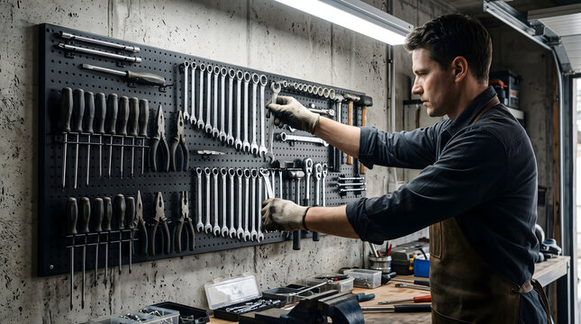 Professional mechanic organizing various wrenches and tools on a pegboard in a garage workshop.