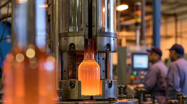 Glass bottle blow molding machine with a glowing glass gob in sharp focus and blurred factory workers behind. Concept of glass packaging manufacturing.