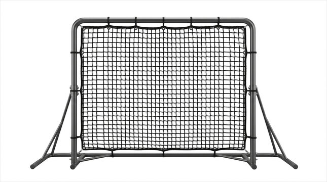 A modern soccer goal rebounder training net with a metallic gray frame and black mesh - ideal for sports equipment catalogs, athletic training guides, and e-commerce product display visuals