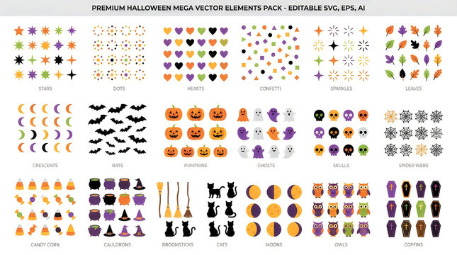 Premium Halloween Mega Vector Elements Pack. Set of spooky flat icons including pumpkins, stars, bats, and witches for holiday design. Editable vector graphics. isolated on White Background