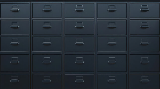 Dark blue metal filing cabinet drawers arranged in symmetrical grid conveying minimal calm
