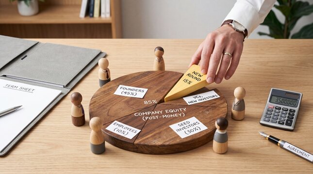 Business equity distribution concept with wooden pie chart and investor figures on office desk