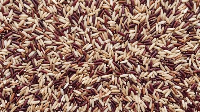 Mixed heritage rice grains texture background featuring red brown and white varieties perfect for food packaging website and healthy lifestyle presentation