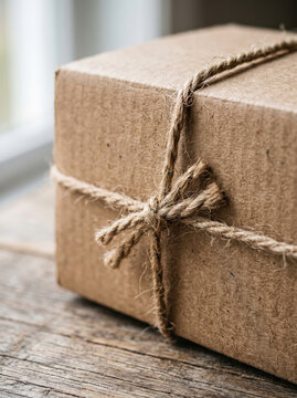Rustic cardboard gift package box tied with natural hemp rope string