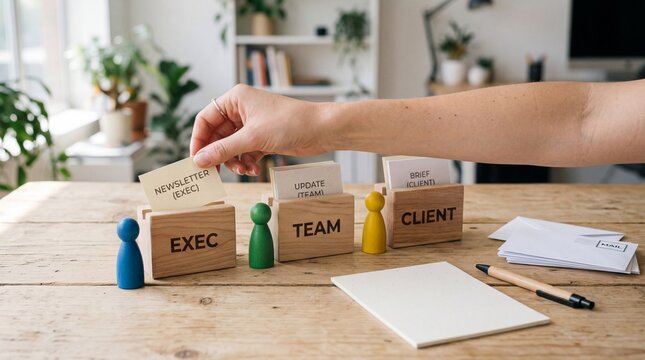 Business communication strategy concept with wooden figures and labeled task cards on desk